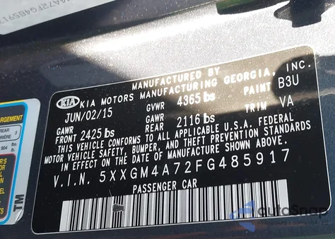 2015 Kia Optima Lx from USA, damaged, VIN 5XXGM4A72FG485917